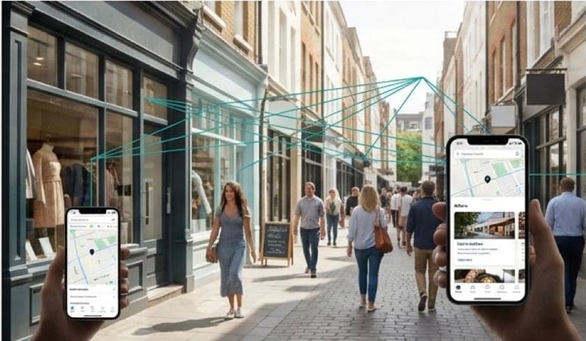 Shoppers on a high street discovering the district from one scan