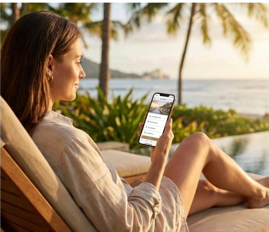 A hotel guest browsing the Morfus concierge by the pool
