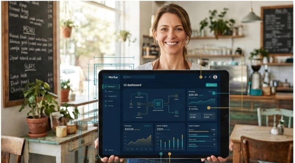 An independent operator holding the Morfus dashboard on a tablet in their café
