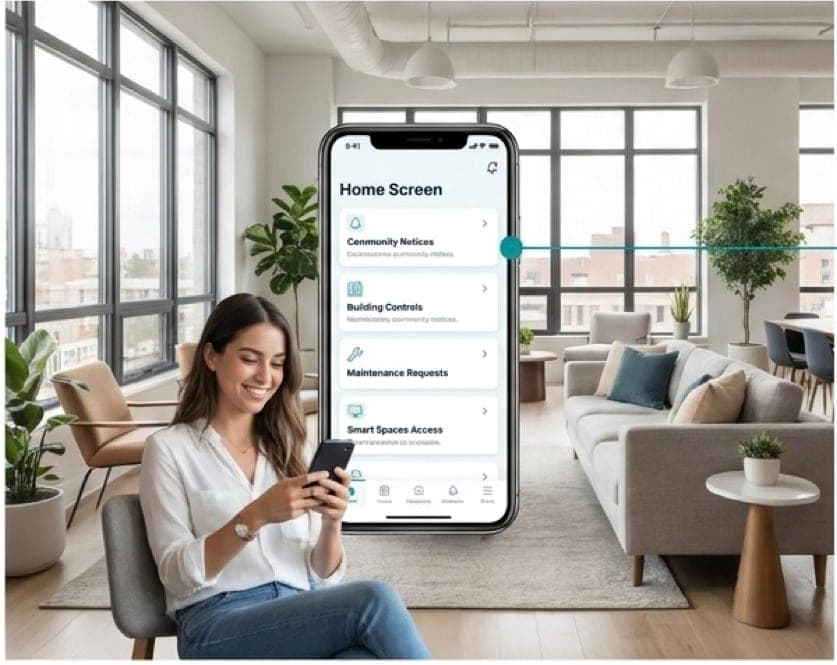 A resident using building services from the Morfus home screen