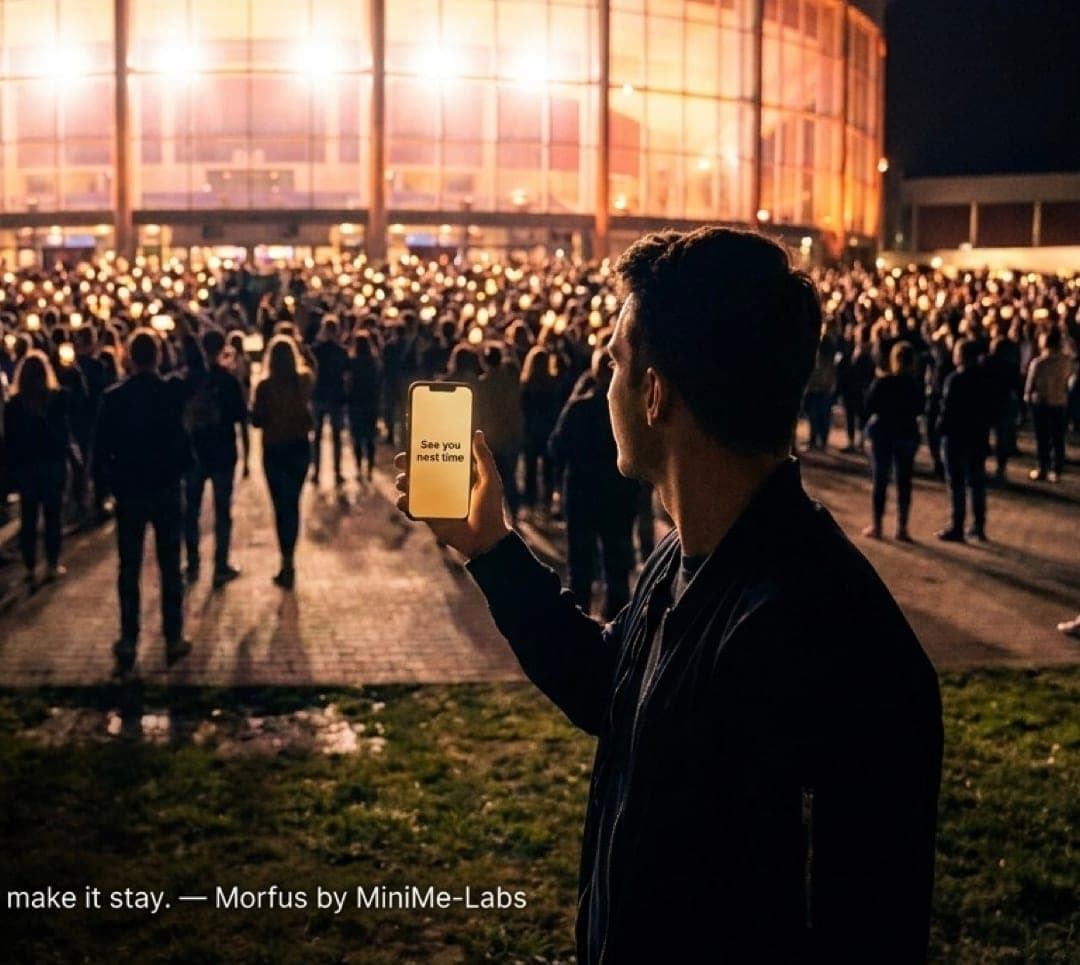 A crowd leaving a venue at night, phones still showing the event experience